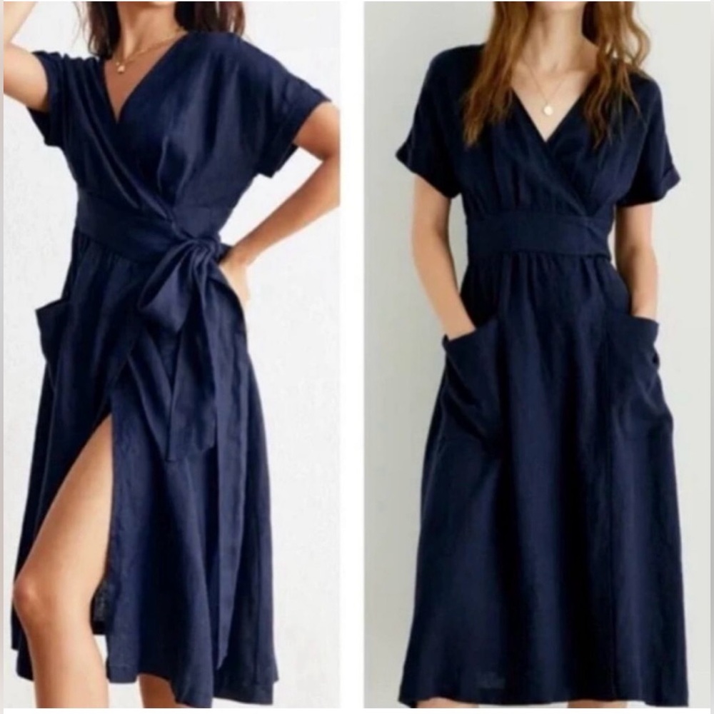 Grae Cove 100% Linen XXL Navy Blue Wrap Dresss